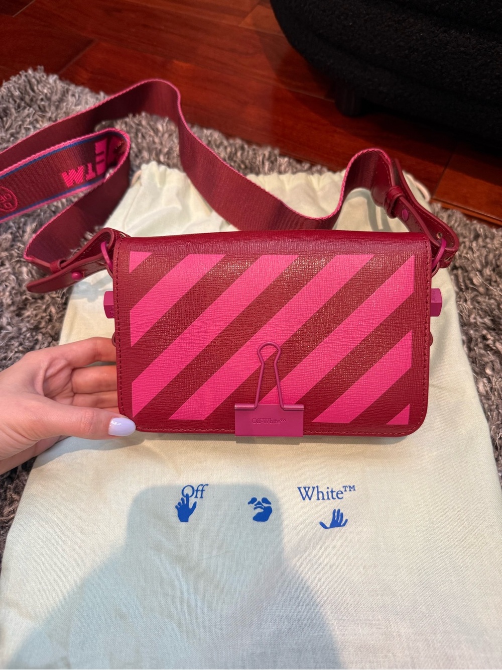 Off-White Pink and Red Diagonal Stripe Crossbody Bag